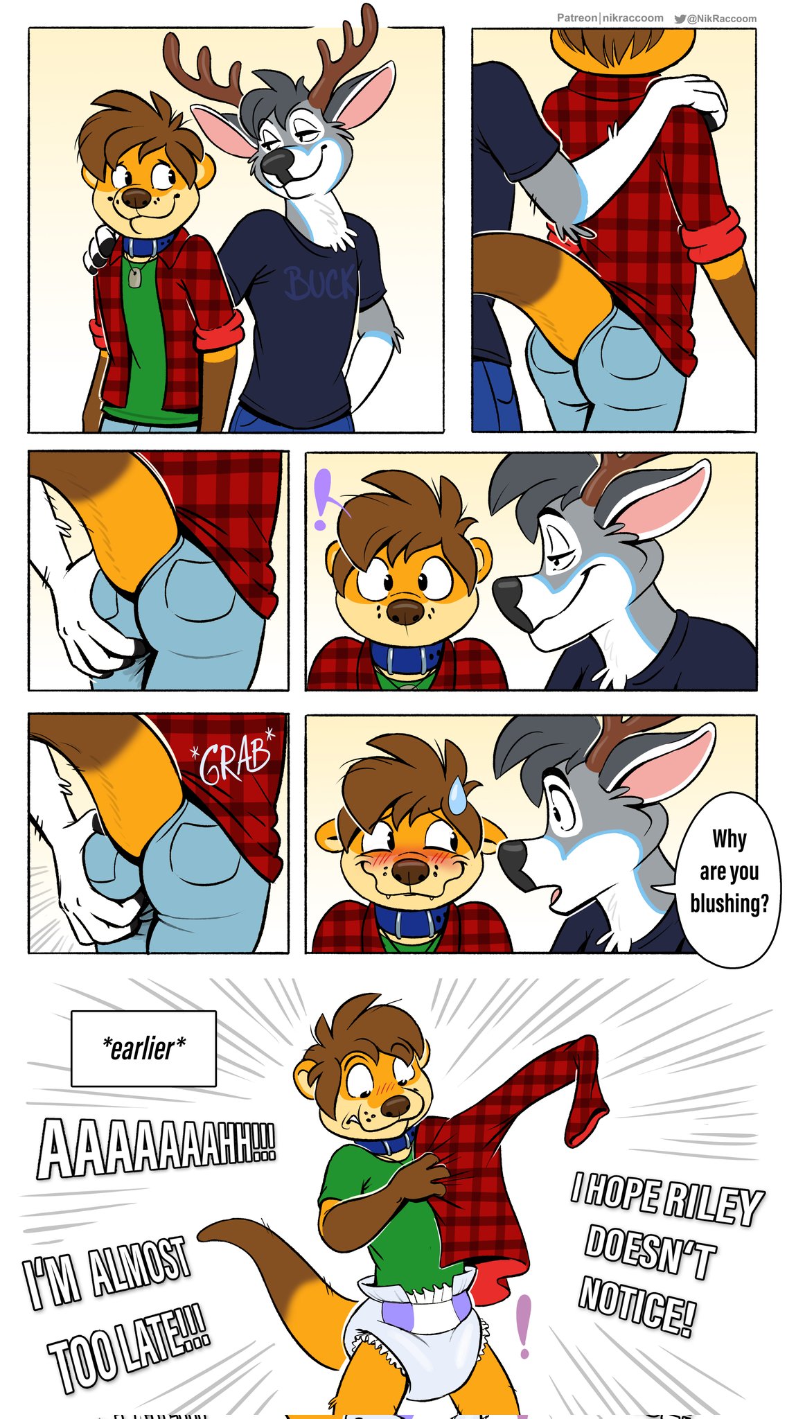 anthro antlers blush butt butt_grab clean_diaper clothed clothing collar collar_tag comic deer diaper dressing duo embarrassed exclamation_point hand_on_butt hi_res horn male male/male mammal mustelid nikraccoom otter partially_clothed underwear wearing_diaper