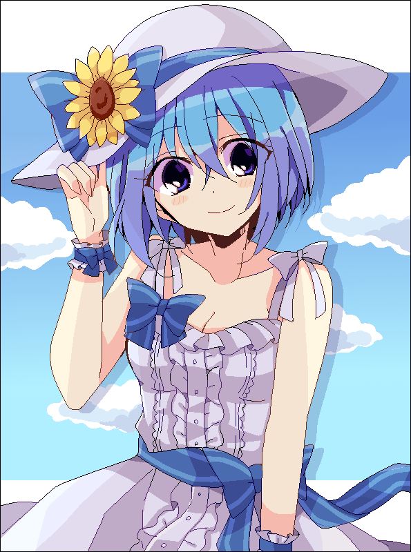 1girl adjusting_clothes adjusting_headwear alternate_costume bare_shoulders blue_bow blue_eyes blue_hair blue_sky blue_wrist_cuffs bluestar_iz blush_stickers border bow breasts claire_elford cleavage cloud collarbone dress flower frilled_wrist_cuffs frills hair_between_eyes hat hat_bow jaggy_lines large_breasts looking_at_viewer parted_lips ribbon short_hair sky smile solo sun_hat sunflower white_border white_dress white_hat white_ribbon witch's_heart wrist_cuffs