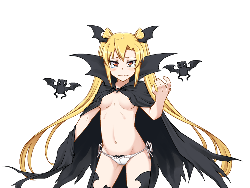 1girl aged_up areola_slip bat_(animal) bat_wings black_cloak black_thighhighs blush bmp-to-png_conversion breasts cloak closed_mouth cowboy_shot frown game_cg hair_between_eyes half-closed_eyes hand_up head_wings jingai_modoki large_breasts long_hair looking_at_viewer mon-musu_quest! navel nearly_naked_cloak non-web_source panties red_eyes side-tie_panties simple_background slit_pupils solo spoilers tearing_up tears thighhighs transparent_background twintails underwear vampire vanilla_(mon-musu_quest!) very_long_hair wavy_mouth white_panties wings