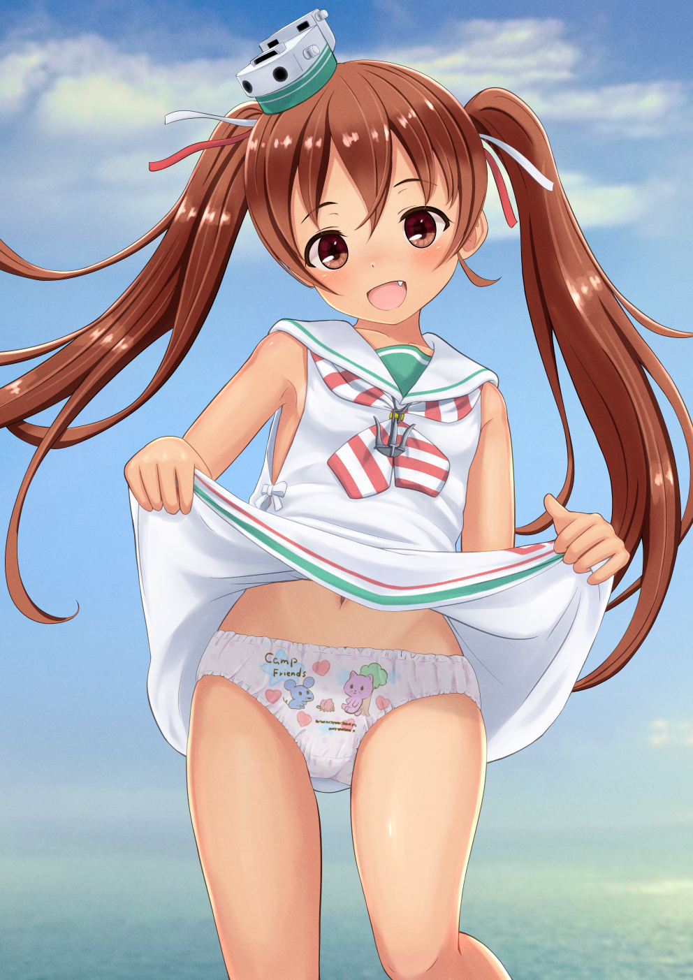 1girl blue_sky brown_hair clothes_lift commentary_request commission dress dress_lift fang highres kantai_collection libeccio_(kancolle) lifted_by_self navel outdoors panties pantyshot print_panties sailor_collar skeb_commission sky solo striped_clothes tan tanakaminos twintails underwear white_panties