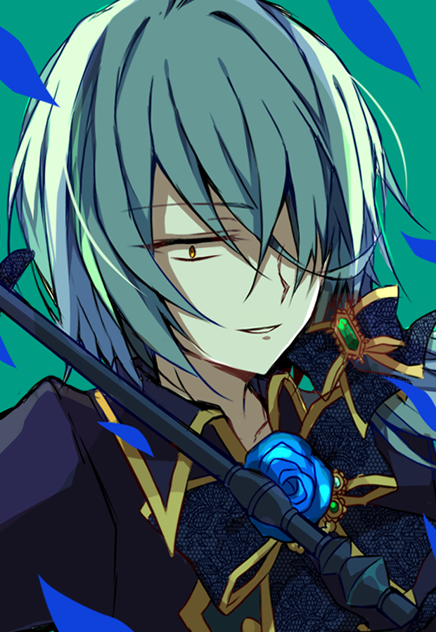 1boy alternate_costume aqua_hair ashe_bradley black_bow black_suit bluestar_iz bow collarbone evil_smile green_background hair_over_one_eye holding holding_staff looking_at_viewer male_focus official_art shaded_face short_hair small_pupils smile solo staff suit teeth witch's_heart yellow_eyes yellow_trim