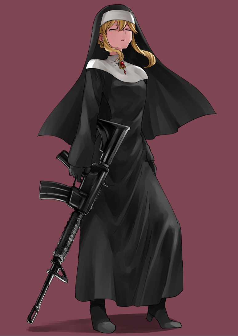 1girl black_dress black_footwear black_gloves blonde_hair boots breasts clarice_(idolmaster) closed_eyes dress full_body gloves gun habit holding holding_gun holding_weapon idolmaster idolmaster_cinderella_girls idolmaster_cinderella_girls_starlight_stage long_hair long_sleeves medium_breasts namiko817 nun open_mouth purple_background red_brooch rifle simple_background solo standing traditional_nun weapon