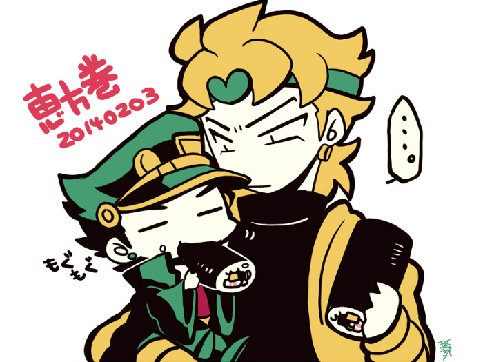 ... 2boys aged_down black_hair blonde_hair carrying carrying_person closed_eyes closed_mouth coat dated dio_brando earrings food green_coat green_hat hat jacket jewelry jojo_no_kimyou_na_bouken kotorai kujo_jotaro makizushi male_focus multiple_boys no_nose short_hair signature spoken_ellipsis sushi translation_request yellow_jacket