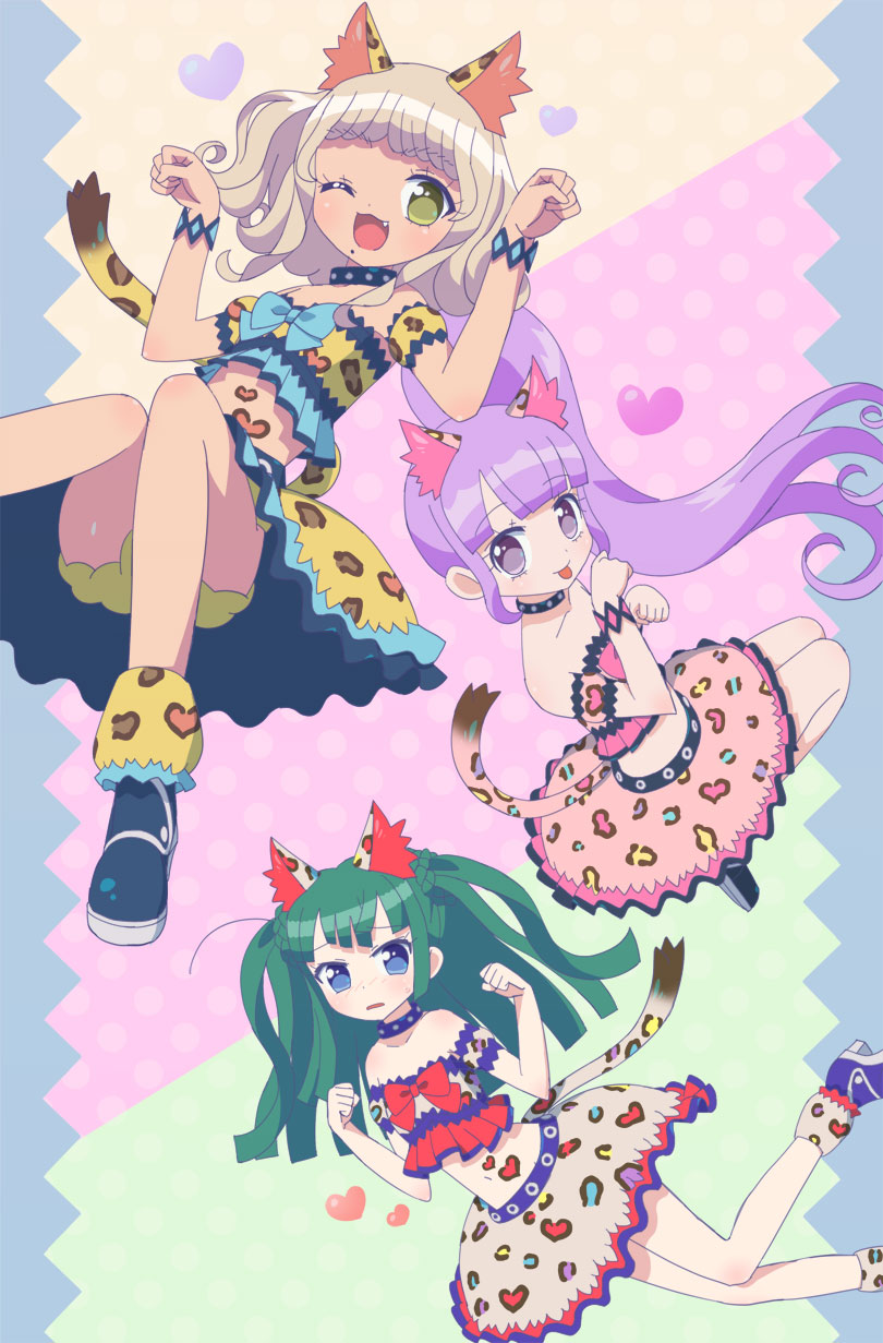 3girls :d ;d animal_ears animal_print bare_shoulders black_collar blue_eyes blunt_bangs boots bracelet brown_hair brown_shirt brown_skirt cat_ears collar commentary_request frown full_body fur-trimmed_boots fur_trim green_eyes green_hair hands_up highres idol_clothes jewelry ku_(residual666) leopard_print leopard_tail long_hair looking_at_viewer manaka_non midriff multiple_girls one_eye_closed open_mouth paw_pose pink_shirt pink_skirt pretty_series print_shirt print_skirt pripara purple_eyes purple_hair shirt short_hair side_ponytail skirt smile tail taiyo_pepper tongue tongue_out tsukikawa_chili two_side_up yellow_shirt yellow_skirt