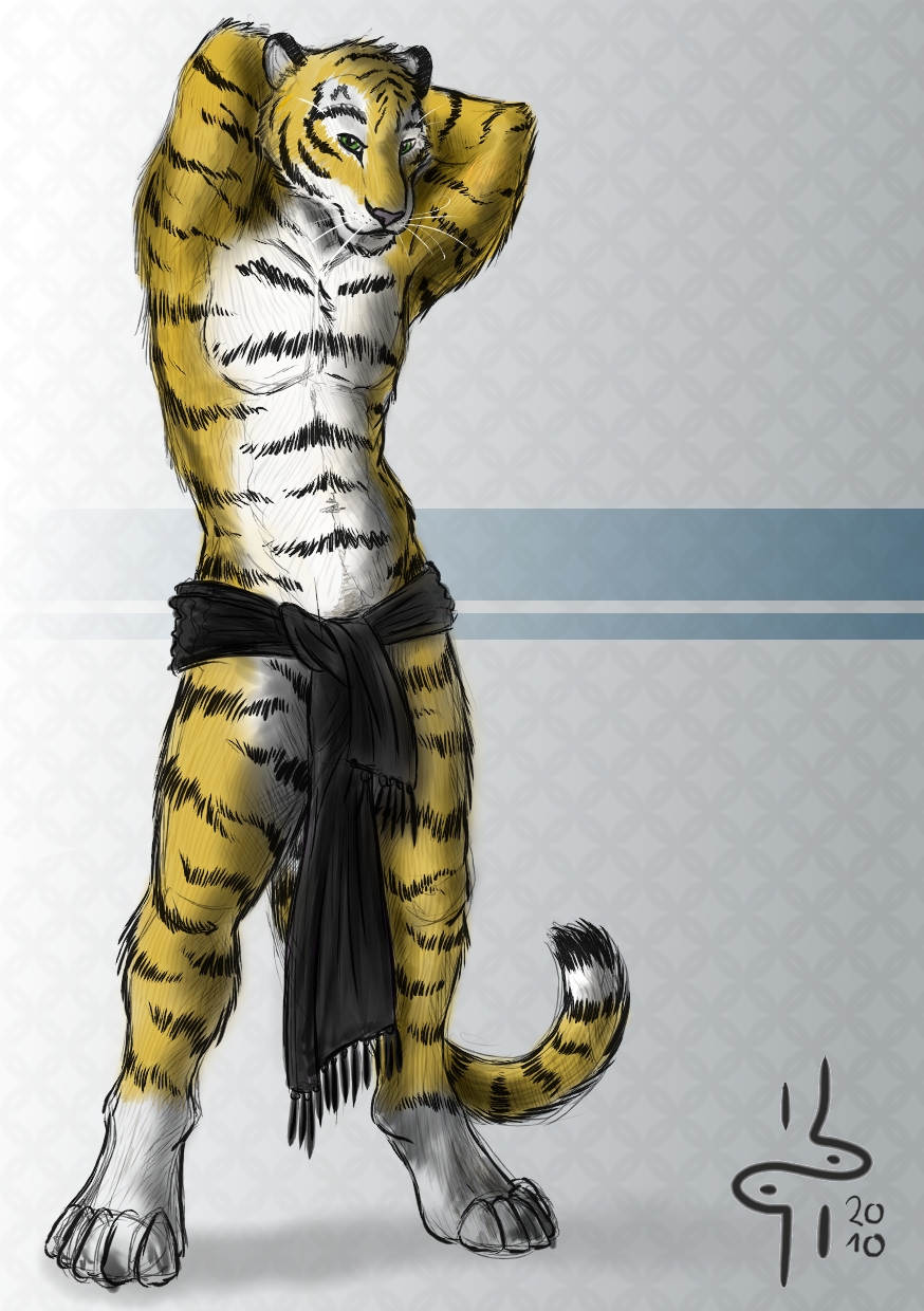 feline green_eyes hufnaar loincloth looking_at_viewer male mammal pose scarf solo standing tiger topless ulbrek