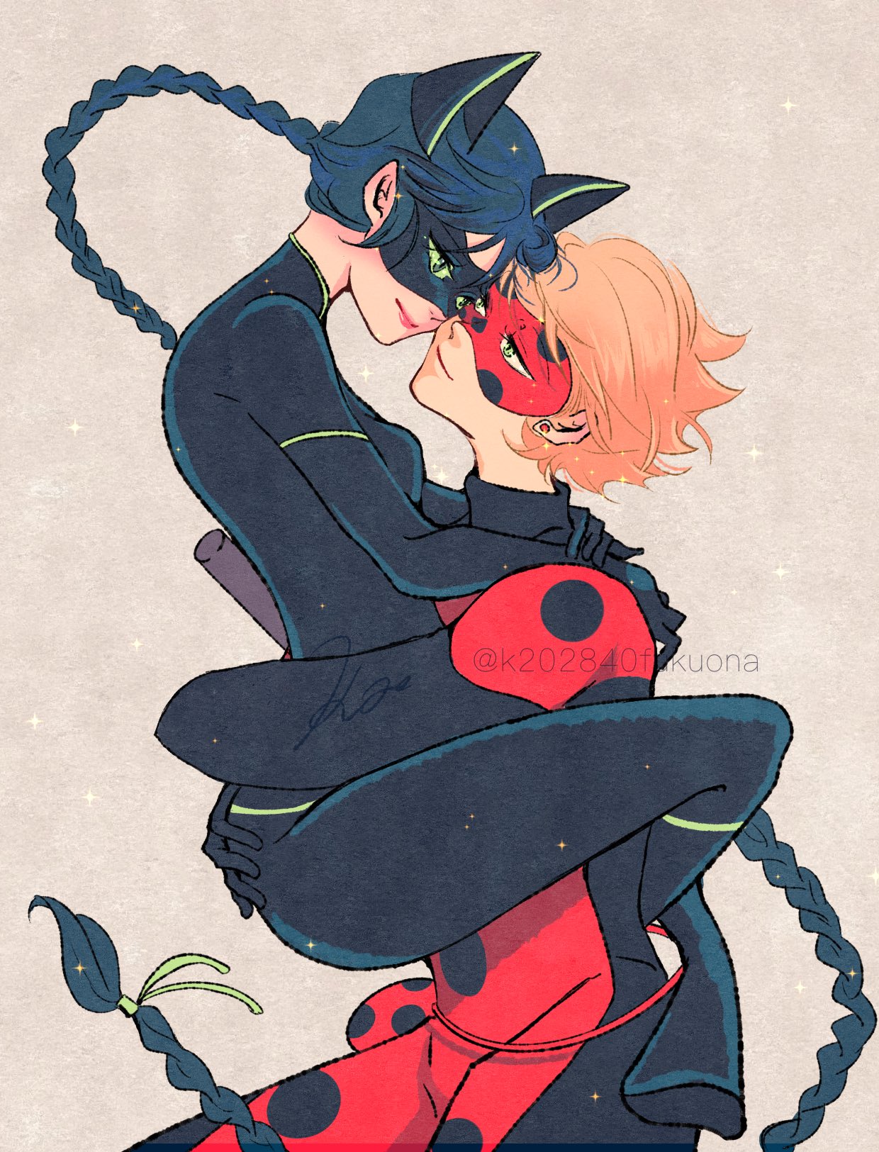 1boy 1girl adrien_agreste animal_ears black_bodysuit black_hair black_mask blonde_hair bodysuit braid cat_ears cat_girl closed_mouth green_eyes highres hug k202840fukuona lady_noir long_hair looking_at_another marinette_dupain-cheng mask miraculous_ladybug misterbug_(character) red_bodysuit red_mask simple_background single_braid smile superhero_costume