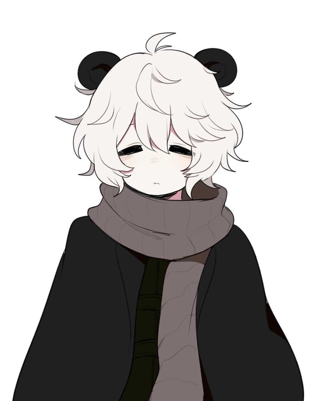 1boy animal_ears bear_boy bear_ears black_coat clarevoir closed_eyes closed_mouth coat green_shirt grey_scarf hair_between_eyes highres male_focus messy_hair open_clothes open_coat original pale_skin scarf shirt short_hair simple_background solo upper_body white_background white_hair