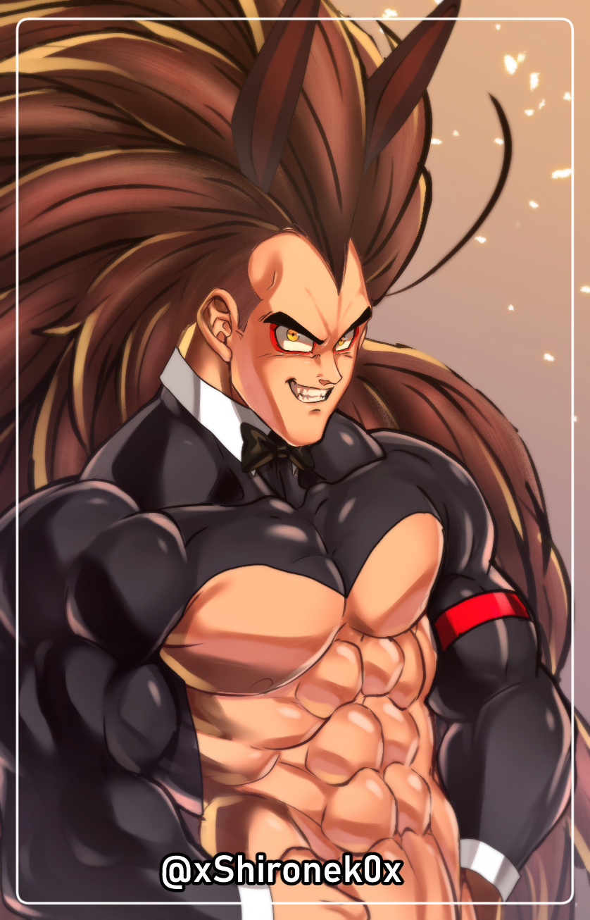 1boy abs animal_ears bara bare_pectorals black_hair brown_hair crossdressing dragon_ball dragon_ball_z grin highres long_hair looking_at_viewer male_focus male_playboy_bunny meme_attire muscular muscular_male navel no_nipples pectorals rabbit_ears raditz reverse_bunnysuit reverse_outfit shironek0 shrug_(clothing) smile solo spiked_hair stomach thick_eyebrows