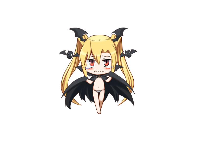 1girl bat_(animal) bat_wings black_cloak blush bmp-to-png_conversion chibi cloak closed_mouth crossed_ankles frown full_body game_cg hair_between_eyes hands_up head_wings holding_cloak jingai_modoki long_hair looking_at_viewer mon-musu_quest! navel nearly_naked_cloak non-web_source panties red_eyes simple_background slit_pupils solo standing tearing_up tears transparent_background twintails underwear vampire vanilla_(mon-musu_quest!) very_long_hair wavy_mouth white_panties wings