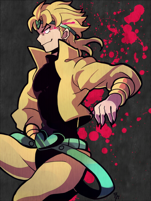 1boy belt black_shirt blonde_hair blood blood_splatter closed_mouth dio_brando earrings eye_trail fingernails green_belt green_headband grey_background hand_on_own_hip headband jacket jewelry jojo_no_kimyou_na_bouken kotorai light_trail long_sleeves male_focus red_eyes sharp_fingernails shirt smile solo yellow_jacket