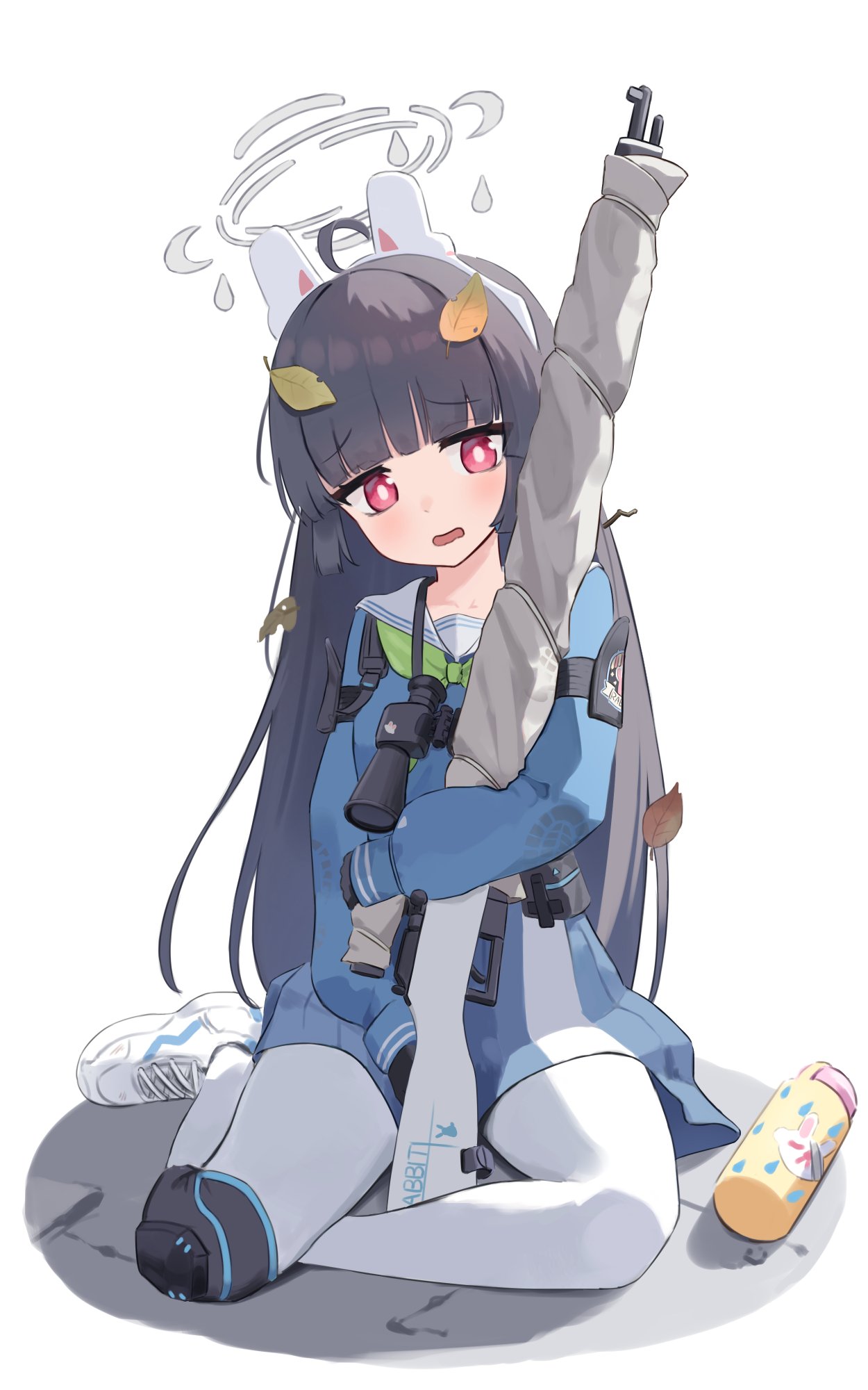 1girl ahoge animal_ears binoculars black_hair blue_archive blue_serafuku bolt_action bottle fake_animal_ears gloves green_neckerchief grey_halo gun halo highres knee_pads leaf leaf_on_head leaf_print long_hair long_sleeves miyu_(blue_archive) mosin-nagant neckerchief open_mouth pantyhose pmasterm rabbit_ears red_eyes rifle school_uniform serafuku shirt shoe_print single_knee_pad skirt solo water_bottle weapon white_background white_footwear white_pantyhose