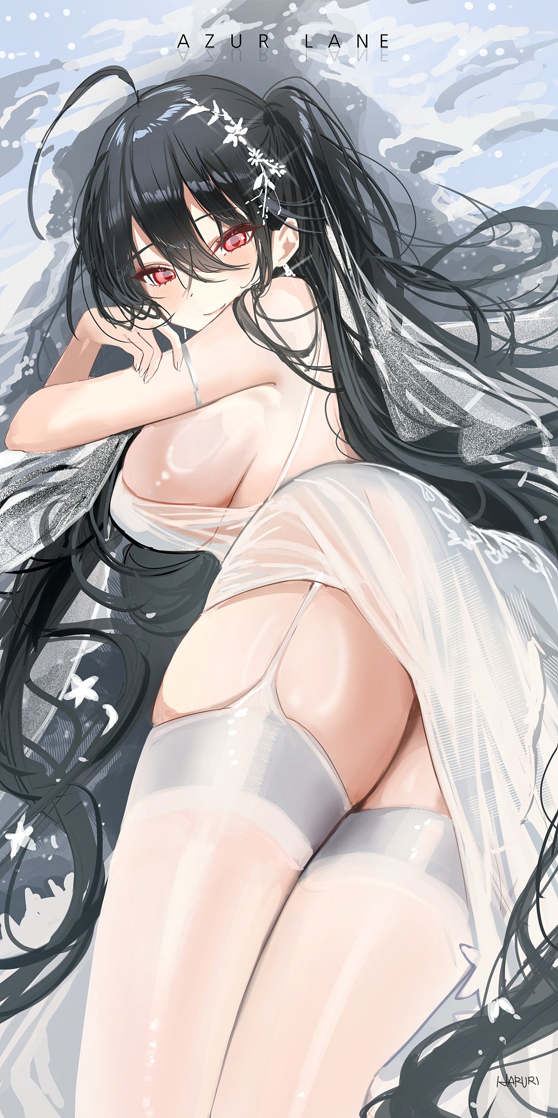 1girl ahoge azur_lane black_hair blush breasts commentary copyright_name dress earrings from_behind hair_between_eyes haruri highres jewelry long_hair looking_at_viewer looking_back one_side_up red_eyes see-through see-through_dress shiny_skin sideboob signature skindentation smile solo taihou_(azur_lane) taihou_(temptation_on_the_sea_breeze)_(azur_lane) thigh_focus thighhighs veil very_long_hair white_thighhighs