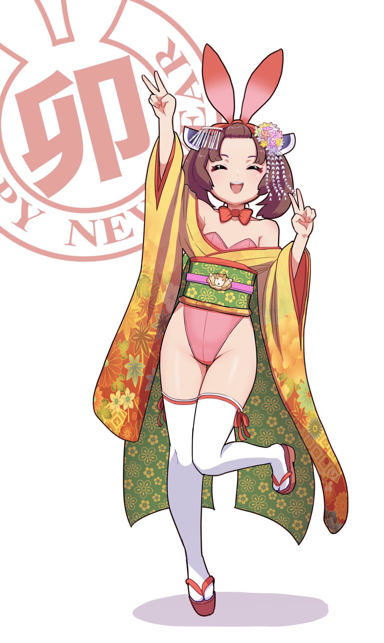 1girl ^_^ animal_ears arm_up bangs_pinned_back bow bowtie breasts brown_hair chinese_zodiac closed_eyes double_v facing_viewer fake_animal_ears flat_chest forehead full_body hair_ornament hand_up happy_new_year headgear highleg highleg_leotard highres japanese_clothes kanzashi kimono kimutomo_2 leotard medium_breasts okobo open_mouth pink_leotard playboy_bunny rabbit_ears red_bow red_bowtie sandals short_kimono simple_background smile solo standing standing_on_one_leg strapless strapless_leotard thigh_gap thighhighs thighs touhoku_kiritan twintails v voiceroid wa_bunny white_background white_thighhighs year_of_the_rabbit yellow_kimono