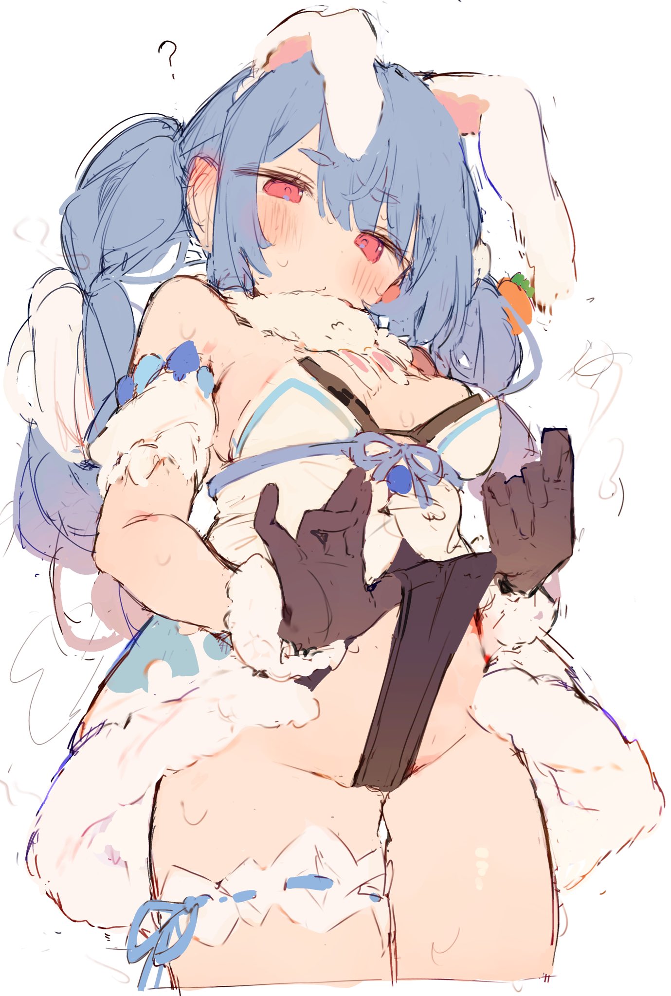 1girl ? animal_ears bare_shoulders black_gloves black_leotard blue_hair blush braid breasts carrot carrot_hair_ornament closed_mouth cowboy_shot detached_sleeves don-chan_(usada_pekora) dress food-themed_hair_ornament from_below fur-trimmed_dress fur-trimmed_gloves fur_trim gloves hair_ornament highres hololive leotard leotard_pull leotard_under_clothes looking_at_viewer looking_down medium_breasts multicolored_hair o_(jshn3457) pulled_by_self rabbit_ears rabbit_girl red_eyes short_eyebrows simple_background sleeveless sleeveless_dress solo steam thick_eyebrows thighs twin_braids twintails usada_pekora usada_pekora_(1st_costume) virtual_youtuber white_background white_dress