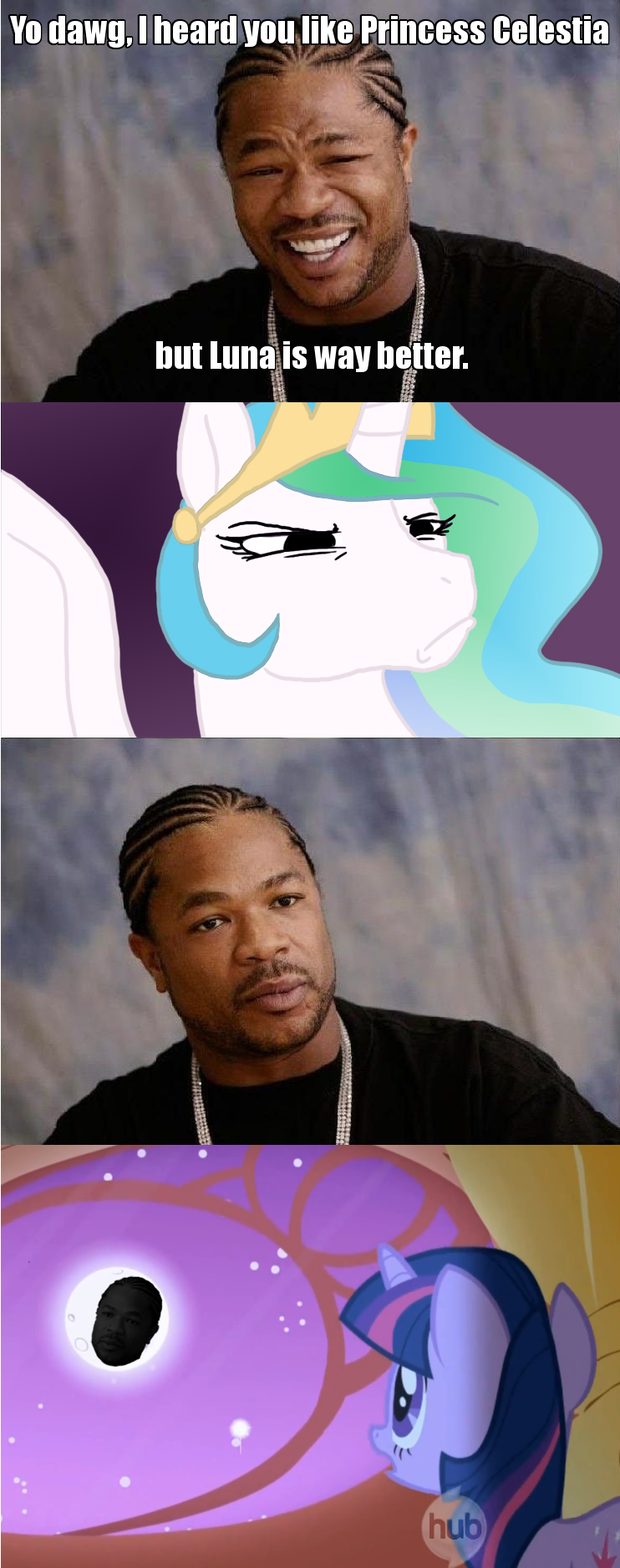 alicorn banishment equine female friendship_is_magic hasbro human male moon my_little_pony pegacorn princess_celestia_(mlp) princess_luna_(mlp) smile trollestia twilight_sparkle_(mlp) unicorn what xzibit yo_dawg