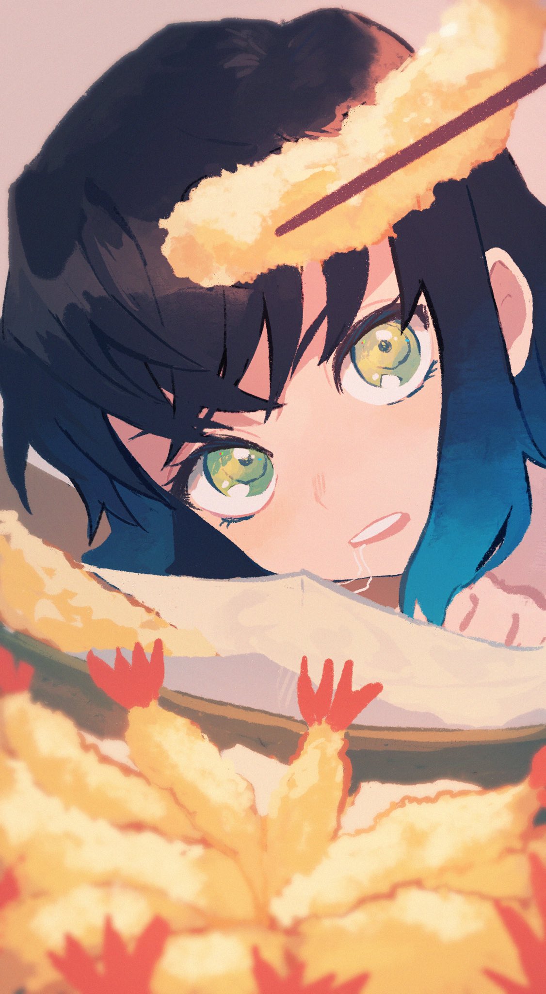 black_hair blue_hair chopsticks drooling eyebrows_hidden_by_hair food green_eyes hair_between_eyes hashibira_inosuke highres kimetsu_no_yaiba looking_at_viewer male_focus multicolored_hair saliva shirukokko shrimp shrimp_tempura tempura two-tone_hair