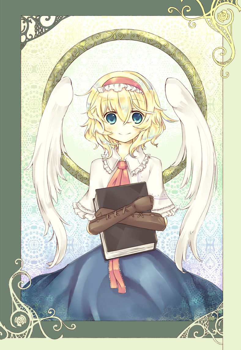 alice_margatroid angel_wings blonde_hair blue_eyes book gloves hairband rl solo touhou wings