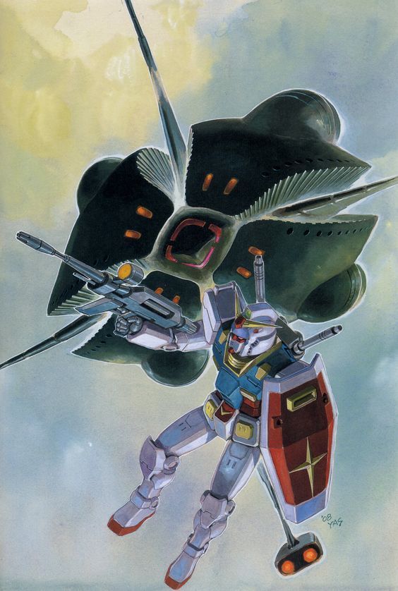 1980s_(style) 2008 battle beam_rifle character_request cloud concept_art dated energy_gun flying gundam mecha mobile_armor mobile_suit mobile_suit_gundam no_humans official_art painting_(medium) promotional_art retro_artstyle robot rx-78-2 scan science_fiction shield signature spacecraft traditional_media v-fin weapon yasuhiko_yoshikazu