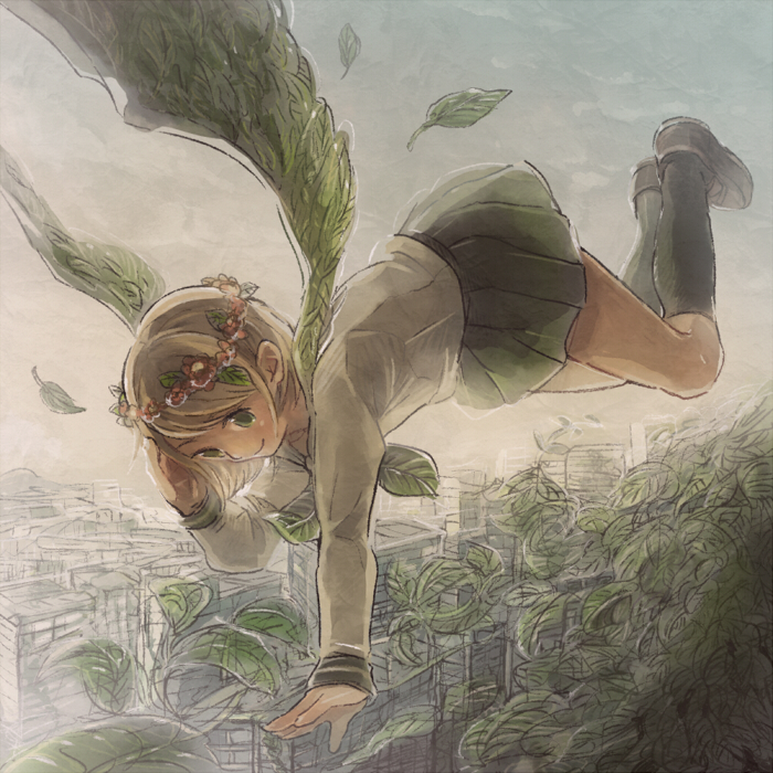 1girl brown_hair city cityscape flower flower_wreath flying full_body giant giantess green_eyes grey_sky head_wreath kameko_(turtle-pot) kneehighs leaf looking_at_viewer original overcast pleated_skirt red_flower red_rose rose school_uniform serafuku shoes short_hair skirt sky smile socks solo wings