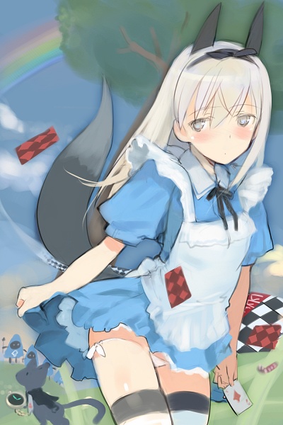 ace alice_in_wonderland animal_ears bad_id bad_pixiv_id blonde_hair blush card dress eila_ilmatar_juutilainen falling_card fox_ears holding holding_card long_hair panties playing_card purple_eyes revision shimada_fumikane short_dress side-tie_panties solo strike_witches thighhighs tonttu underwear world_witches_series