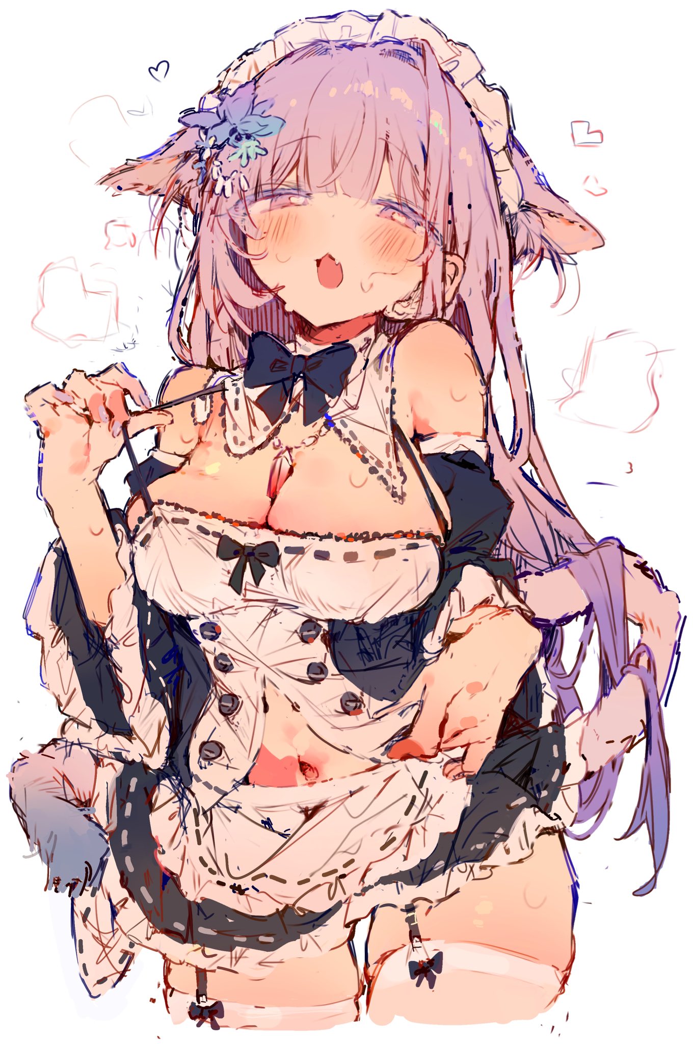 1girl animal_ears apron bare_shoulders black_bow blush bow breasts buttons cleavage cowboy_shot dog_ears flower frilled_apron frills garter_straps hair_ornament hand_up heart highres jewelry long_hair looking_at_viewer maid maid_apron maid_headdress medium_breasts midriff navel necklace o_(jshn3457) open_mouth original pink_eyes pink_hair pulled_by_self simple_background solo steam sweat tail thighhighs white_background white_thighhighs