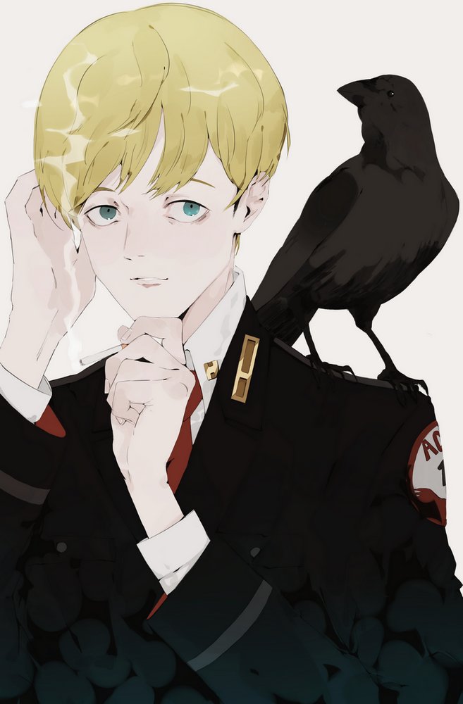 1boy acca_13-ku_kansatsu-ka animal_on_shoulder bags_under_eyes bird bird_on_shoulder black_jacket blonde_hair cigarette collared_shirt commentary crow english_commentary green_eyes grey_background holding holding_cigarette jacket jean_otus long_sleeves looking_at_viewer male_focus military_uniform naruysae necktie parted_lips red_necktie shirt short_hair simple_background smoke_trail smoking solo uniform white_shirt