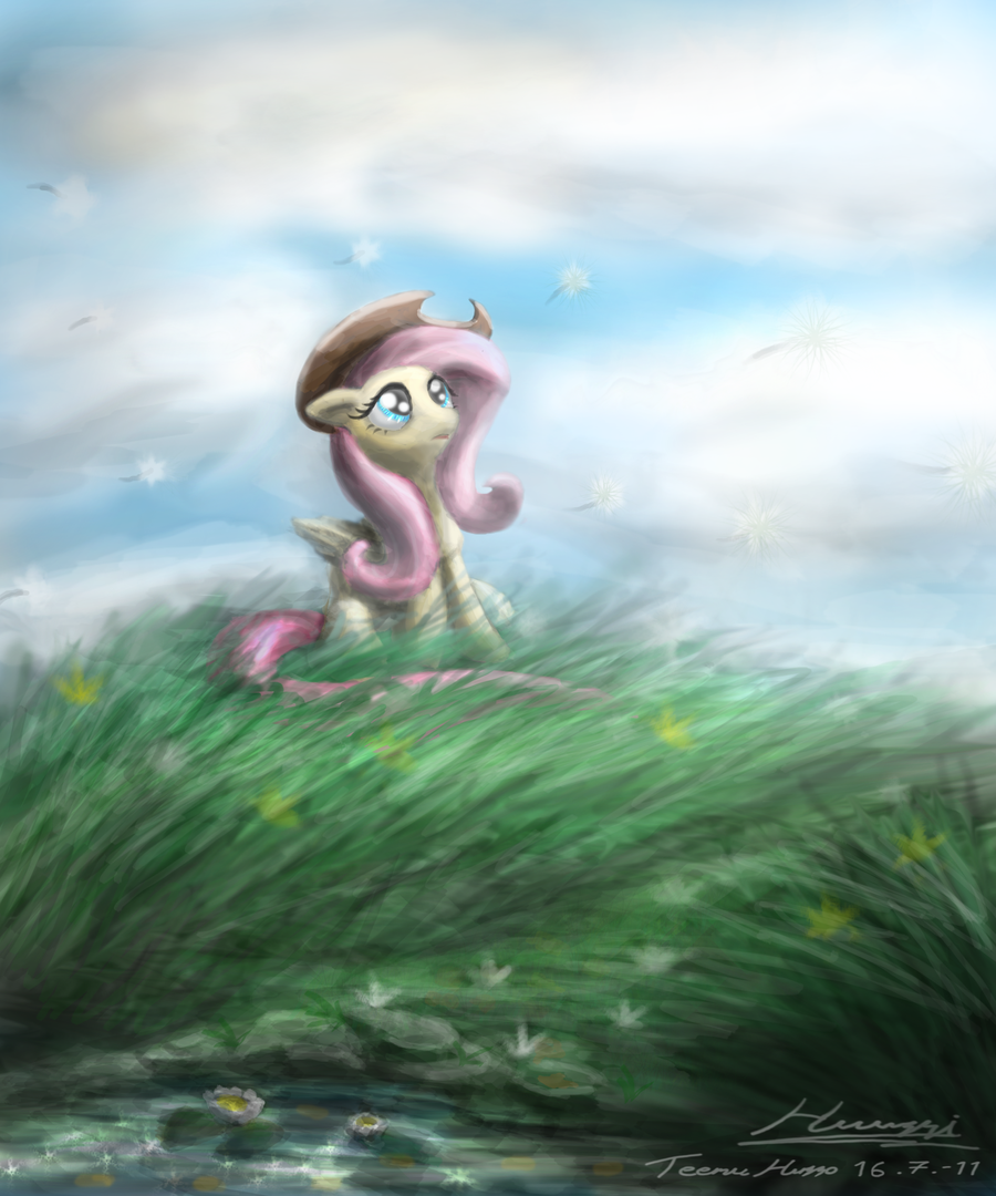 blue_eyes clouds cute equine female flower fluttershy_(mlp) friendship_is_magic grass hasbro hat horse my_little_pony pegasus pink_hair pony sky wings