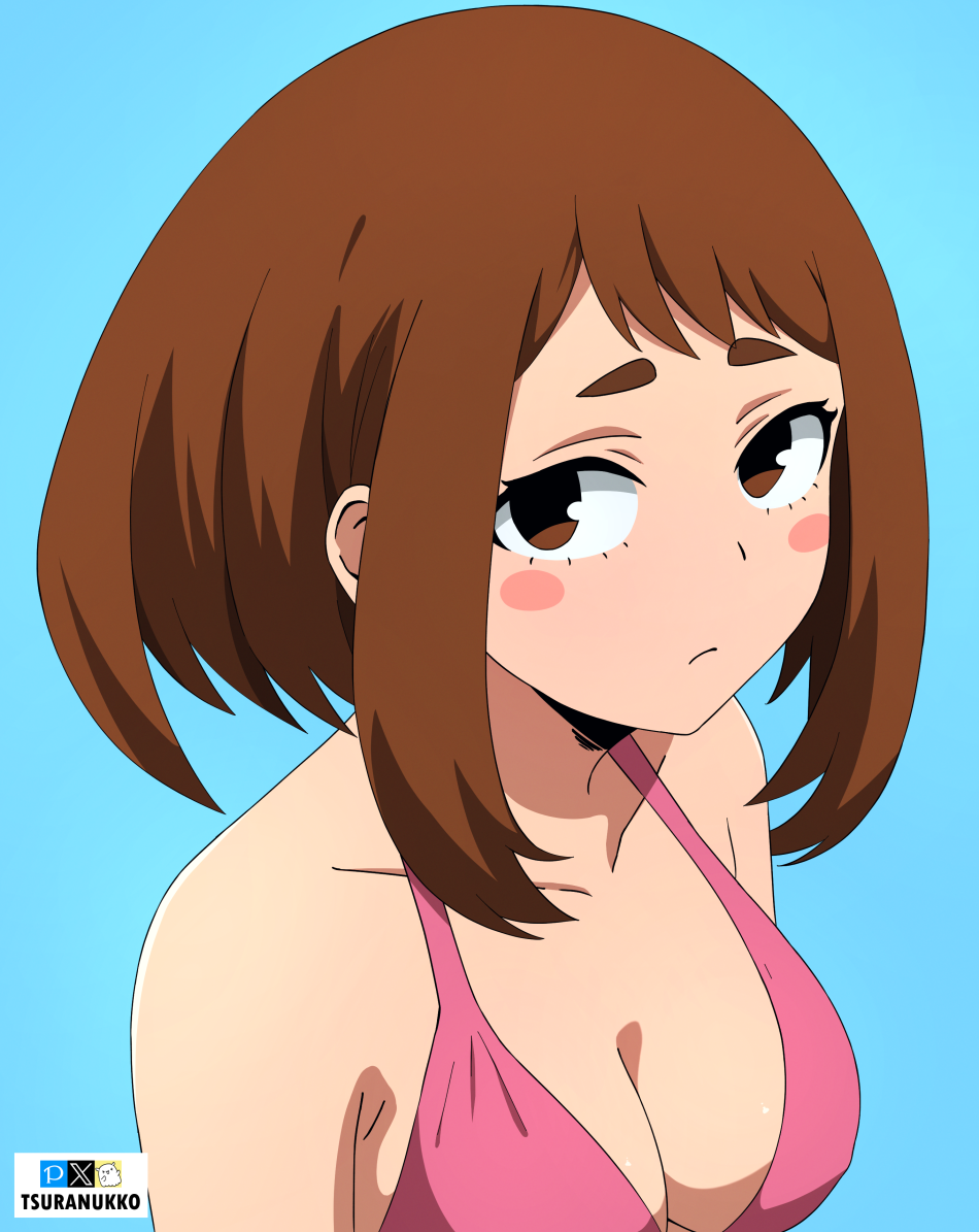 1girl aqua_background bikini blush_stickers boku_no_hero_academia breasts brown_eyes brown_hair cleavage looking_at_viewer medium_breasts pink_bikini solo swimsuit tsuranukko uraraka_ochako