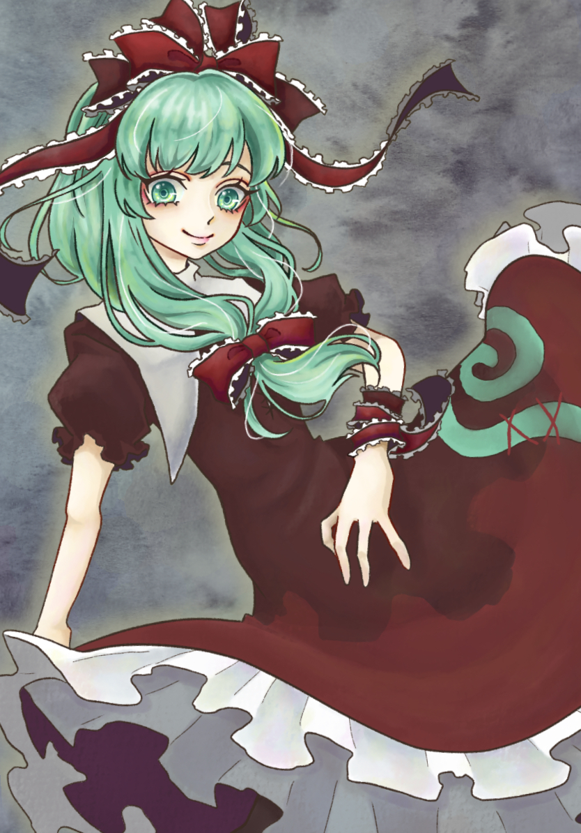 1girl closed_mouth commentary_request dress frilled_dress frilled_ribbon frills front_ponytail green_eyes green_hair grey_background hair_ribbon kagiyama_hina long_hair looking_at_viewer mmm_osato red_dress red_ribbon ribbon short_sleeves smile solo touhou