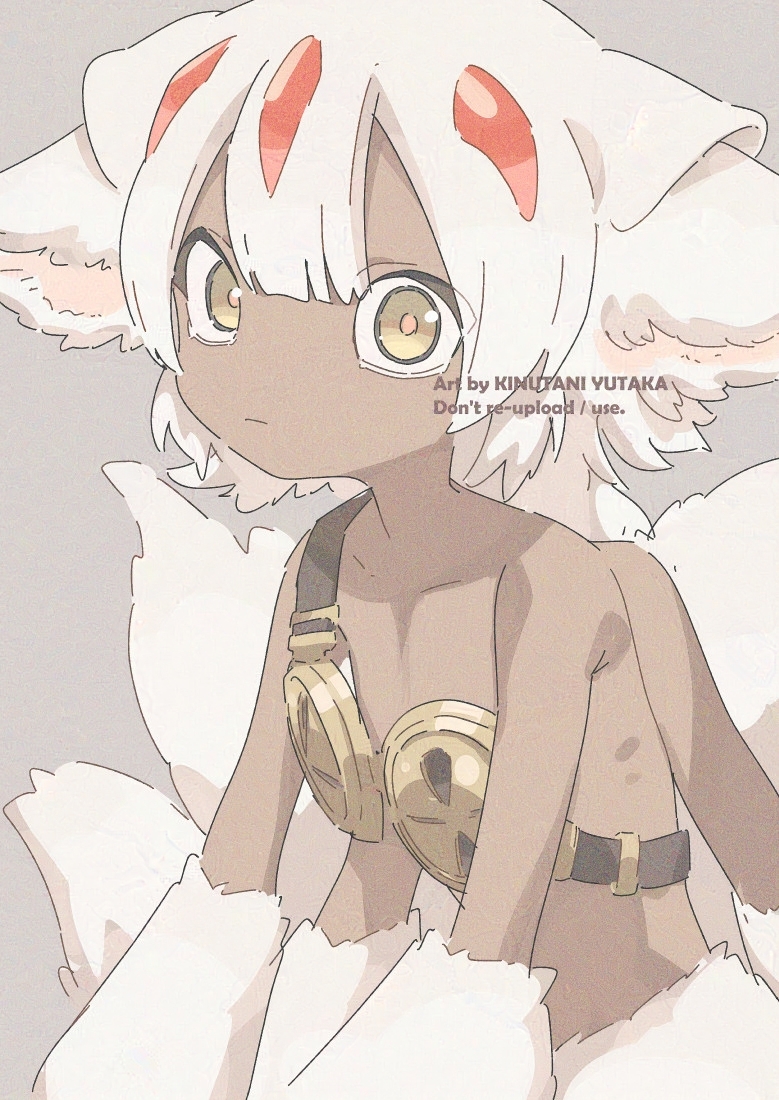1girl animal_ears animal_hands artist_name closed_mouth commentary_request dark-skinned_female dark_skin english_text extra_arms faputa goggles hair_between_eyes kinutani_yutaka looking_at_viewer made_in_abyss monster_girl multiple_tails orange_pupils tail white_hair yellow_eyes