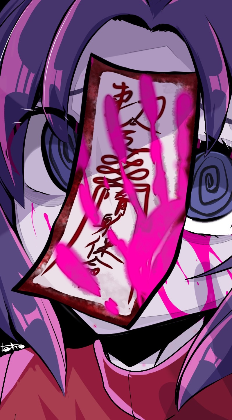 1girl @_@ blood bloody_handprints covered_mouth handprint highres jiangshi looking_at_viewer miyako_yoshika ofuda pale_skin parted_bangs pink_blood portrait purple_eyes purple_hair red_shirt shirt short_hair solo toho_10008 touhou translation_request