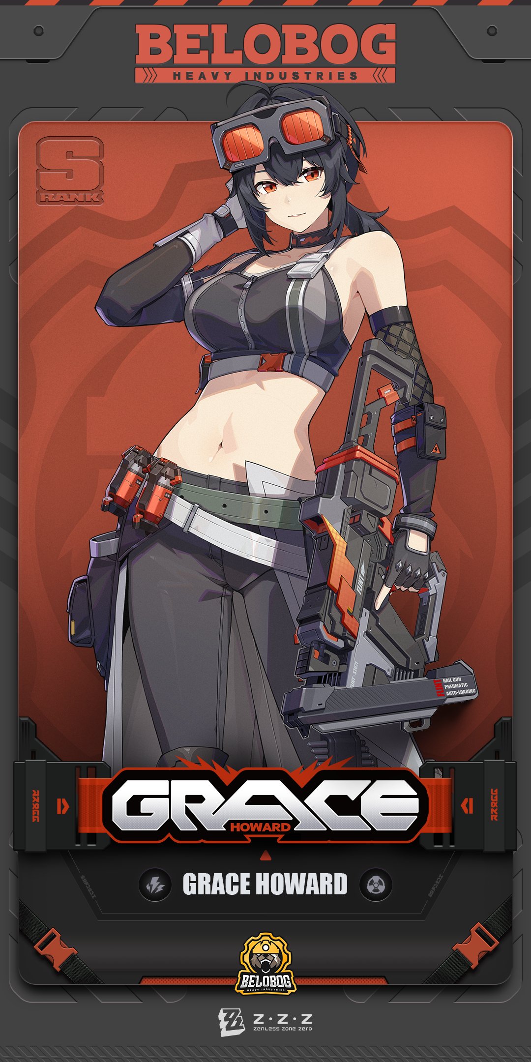 1girl bare_shoulders belt black_hair breasts crop_top english_commentary feet_out_of_frame fingerless_gloves gloves goggles goggles_on_head grace_howard gun highres holding holding_gun holding_weapon large_breasts long_hair looking_at_viewer navel official_art pants red_eyes smile solo tagme weapon zenless_zone_zero