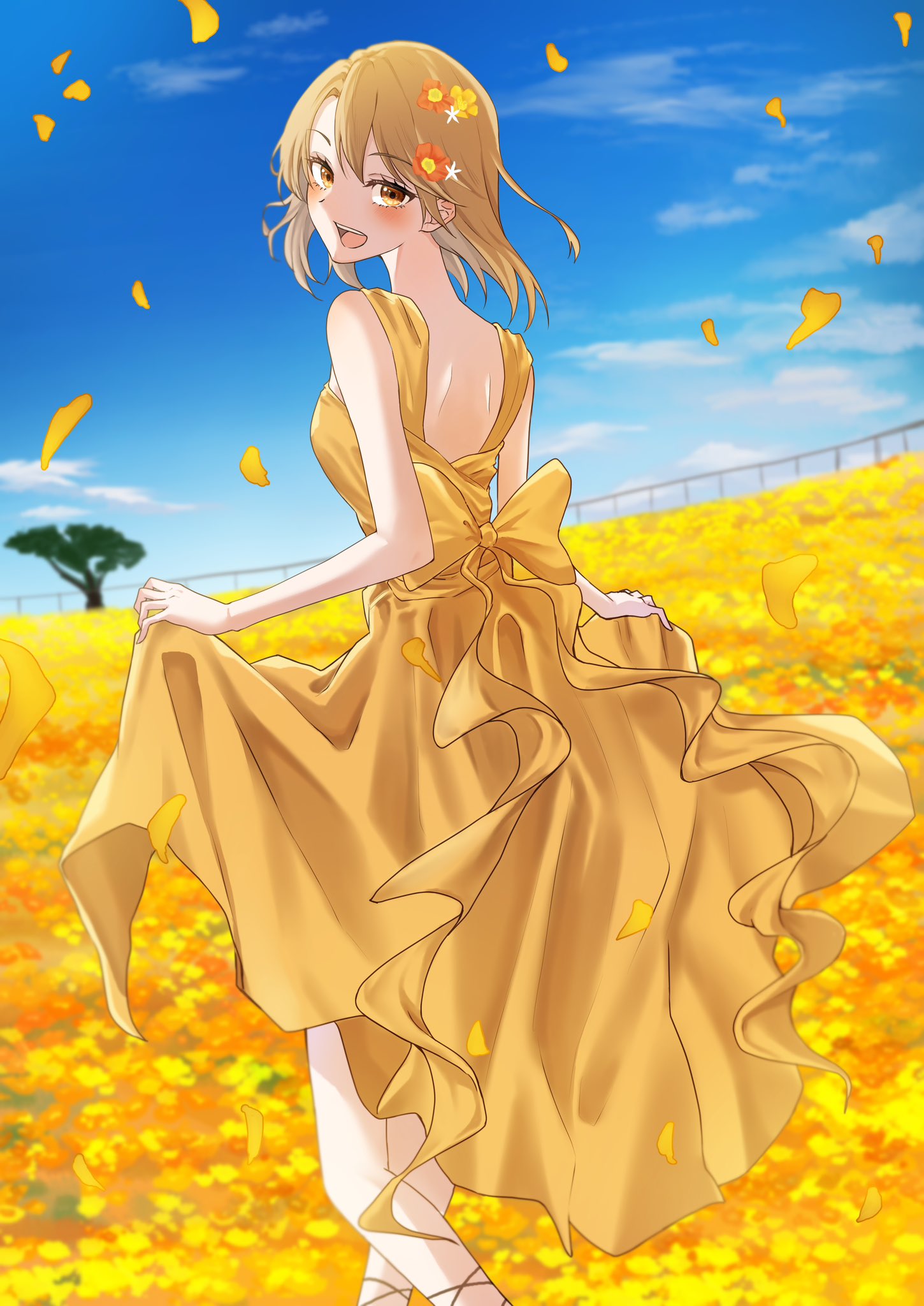 1girl bare_arms bare_shoulders blonde_hair blush bra dress falling_petals field flower flower_field from_behind hair_flower hair_ornament highres isshiki_iroha light_(lightpicture33) long_dress looking_at_viewer looking_back medium_hair open_mouth outdoors petals shoulder_blades skirt_hold solo tree underwear yahari_ore_no_seishun_lovecome_wa_machigatteiru. yellow_bra yellow_dress yellow_eyes