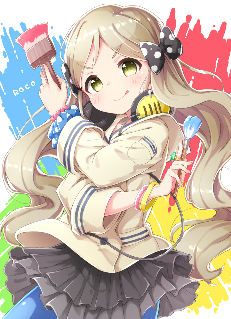 1girl :p black_bow black_bowtie black_skirt blue_pantyhose blush bow bowtie bracelet brown_jacket character_name closed_mouth commentary_request cowboy_shot crossed_arms dual_wielding gem green_gemstone hair_bow handa_roco head_tilt headphones headphones_around_neck holding holding_paintbrush idolmaster idolmaster_million_live! jacket jewelry kuresuku_(lessons) layered_skirt light_brown_hair long_hair looking_at_viewer miniskirt multiple_bracelets paintbrush pantyhose parted_bangs pleated_skirt polka_dot_bowtie ring scrunchie skirt sleeves_past_elbows smile solo thick_eyelashes three_quarter_view tongue tongue_out twintails v-shaped_eyebrows very_long_hair wavy_hair wide_sleeves wrist_scrunchie yellow_eyes