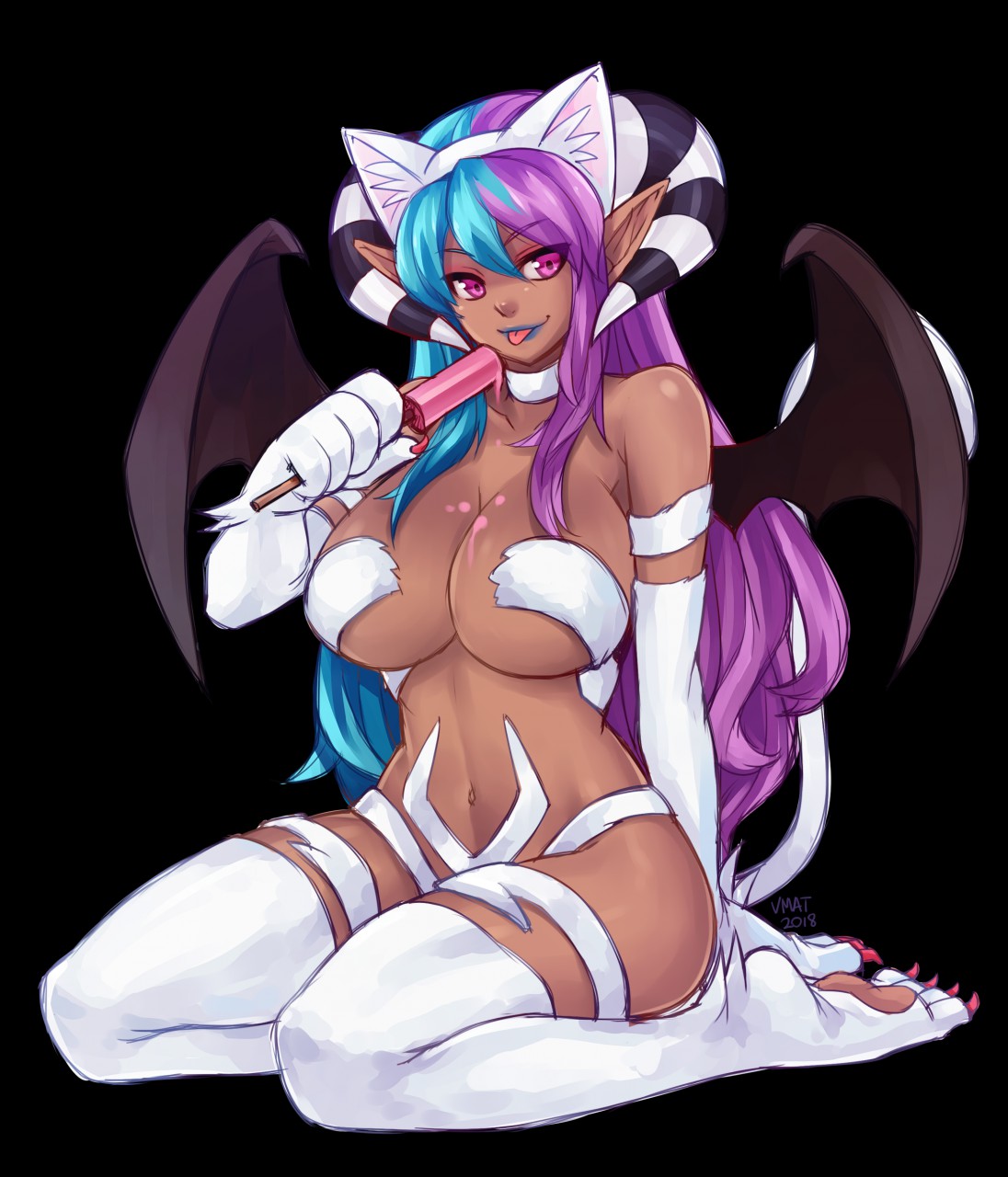 2019 big_breasts breasts capcom claws clothed clothing cosplay darkstalkers demon demon_humanoid fake_cat_ears fake_ears felicia_(darkstalkers) female food hi_res holding_food holding_object holding_popsicle horn huge_breasts humanoid humanoid_pointy_ears lips navel pawpads paws popsicle sitting skimpy solo tan_body tan_skin tongue tongue_out vivica_(akukun) vmat wings