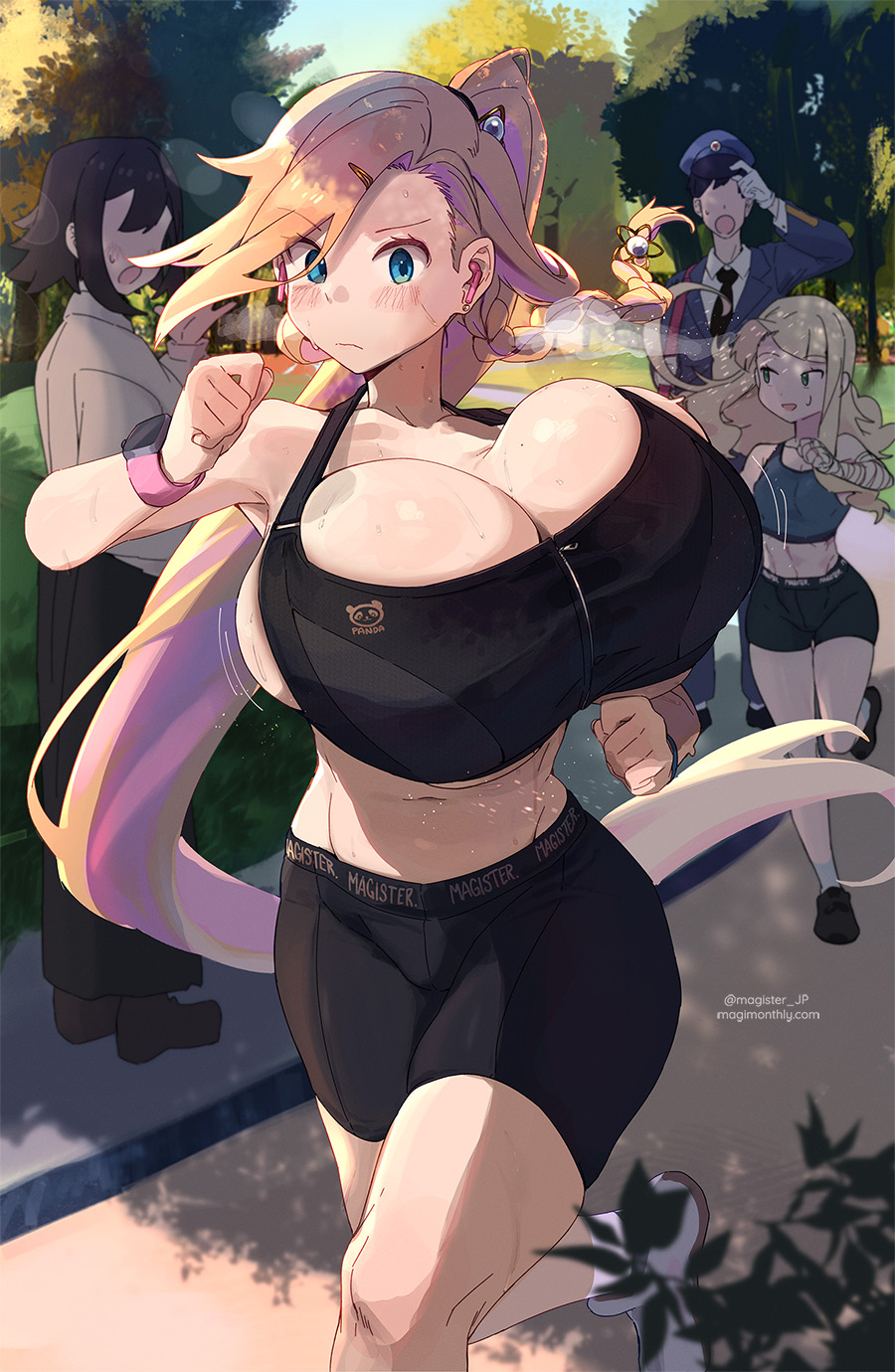 2boys 2girls bare_shoulders bike_shorts black_shorts black_sports_bra blonde_hair blue_eyes braid breasts cleavage colored_inner_hair highres huge_breasts jogging long_hair magister multicolored_hair multiple_boys multiple_girls original pandora_smith park pink_hair ponytail shiratama_liliana shorts side_braid small_breasts sports_bra swept_bangs thighs very_long_hair