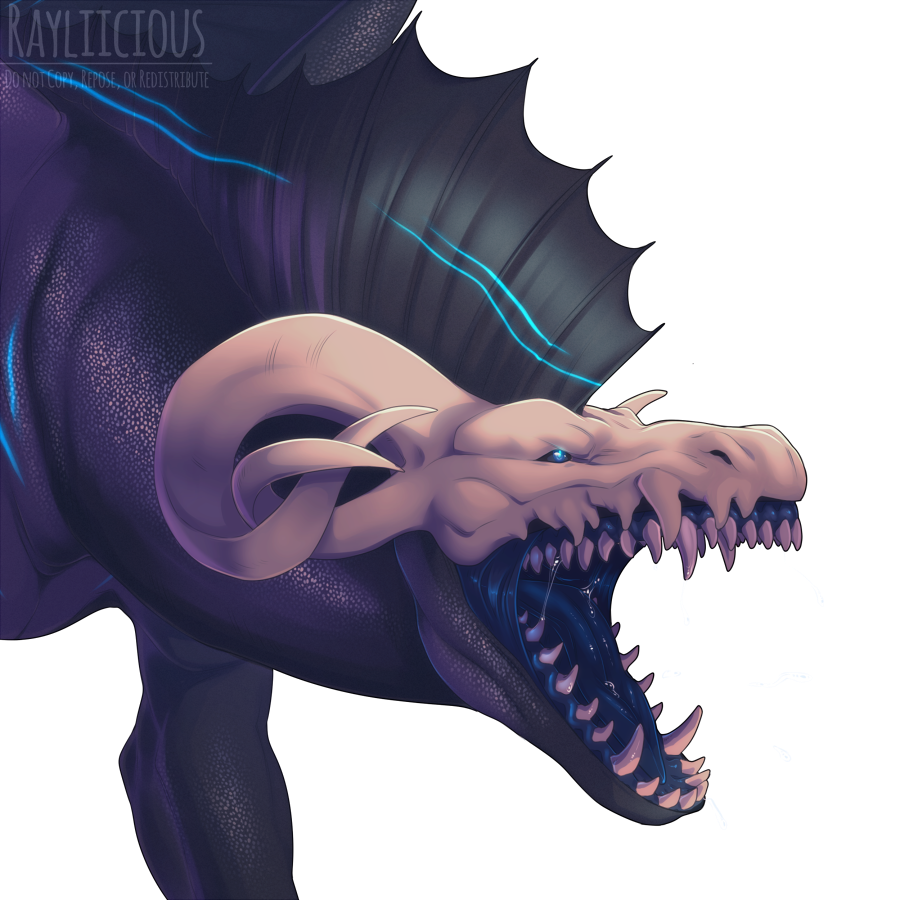 1:1 alpha_channel ambiguous_gender artist_name blue_eyes bodily_fluids dragon dripping fangs feral frill_(anatomy) head_crest head_frill mythological_creature mythological_scalie mythology neck_frill open_mouth purple_body purple_scales rayliicious saliva saliva_drip saliva_string scales scalie simple_background solo teeth transparent_background
