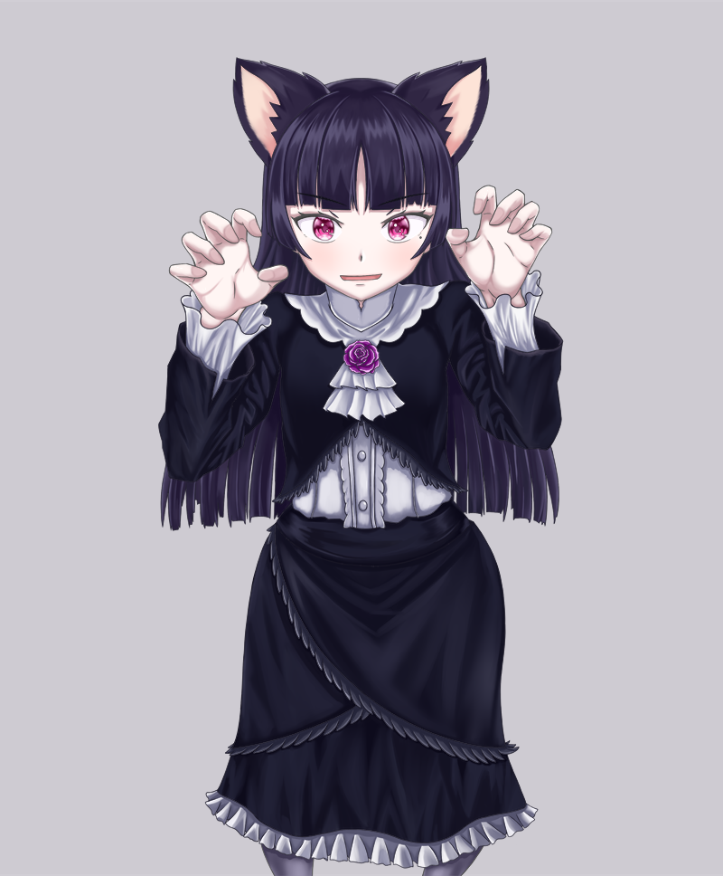 1girl :d animal_ears black_hair black_skirt blush cat_ears cat_girl center_frills claw_pose commentary_request frilled_skirt frills gokou_ruri gothic_lolita hands_up hip_focus kemonomimi_mode lolita_fashion long_hair long_sleeves looking_at_viewer medium_skirt mole mole_under_eye ore_no_imouto_ga_konna_ni_kawaii_wake_ga_nai pink_eyes raipy1004 skirt smile solo very_long_hair