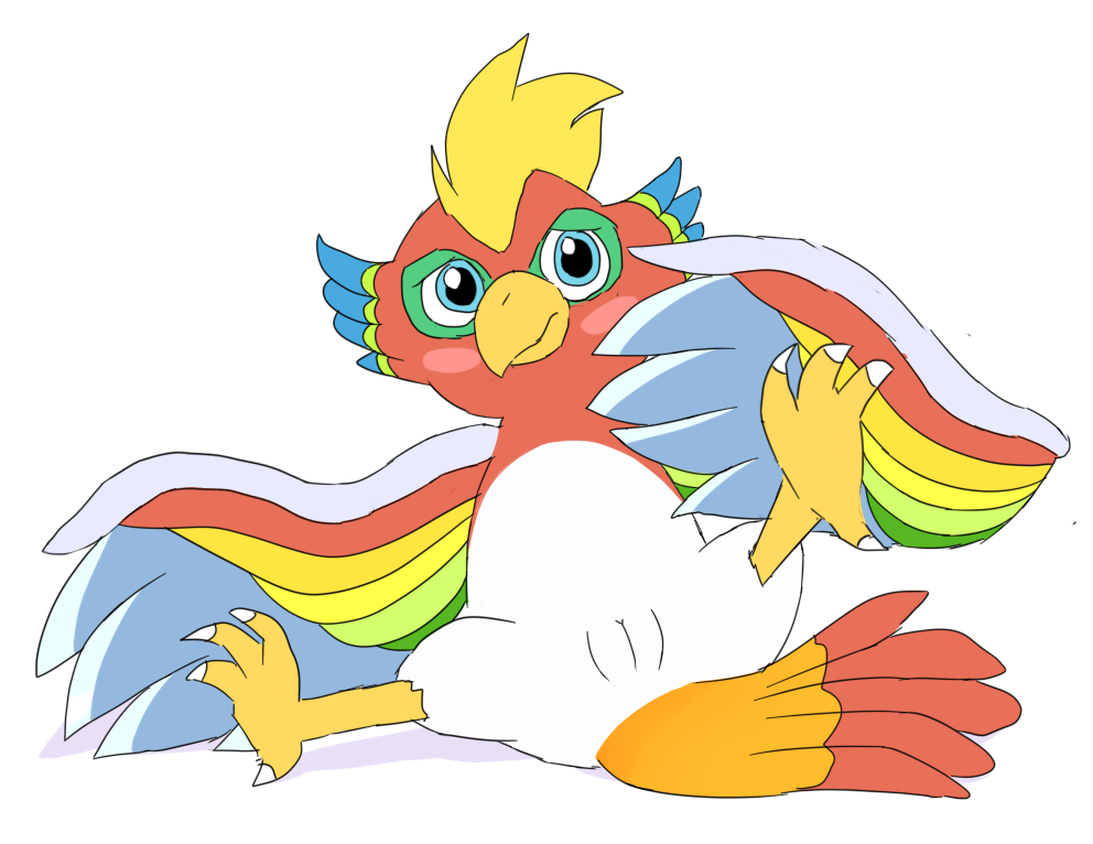 avian blush danel dyna_blade dyna_blade_(species) embarrassed feathers female feral kirby_(series) multicolored_body multicolored_feathers nintendo rainbow_body rainbow_feathers simple_background solo spread_legs spreading white_background white_body white_feathers