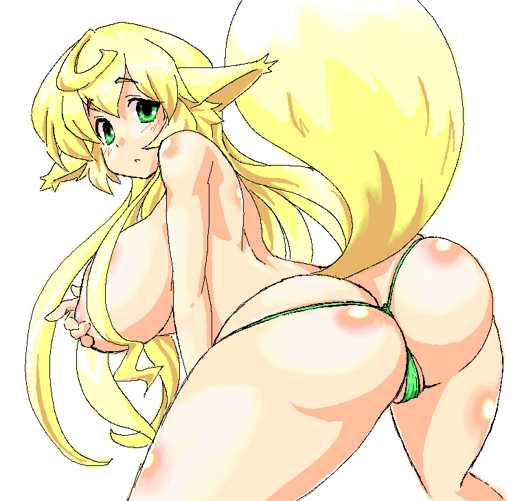 1girl animal_ears areola areolae ass bent_over blonde_hair breasts covering covering_breasts curvy female fox fox_ears fox_tail from_behind green_eyes huge_ass huge_breasts long_hair looking_back lute_(apocalypselibrary) lute_(artist) nipples panties partially_visible_vulva puffy_nipples pussy pussy_peek simple_background solo standing swimsuit tail thong topless underwear