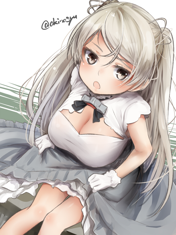 1girl akino_shuu armpit_cutout blush breasts brown_eyes cleavage cleavage_cutout clothing_cutout conte_di_cavour_(kancolle) conte_di_cavour_nuovo_(kancolle) corset dress frilled_dress frills gloves grey_dress grey_hair kantai_collection large_breasts layered_dress long_hair looking_at_viewer open_mouth sitting smile solo twitter_username two-tone_dress two_side_up white_background white_dress white_gloves