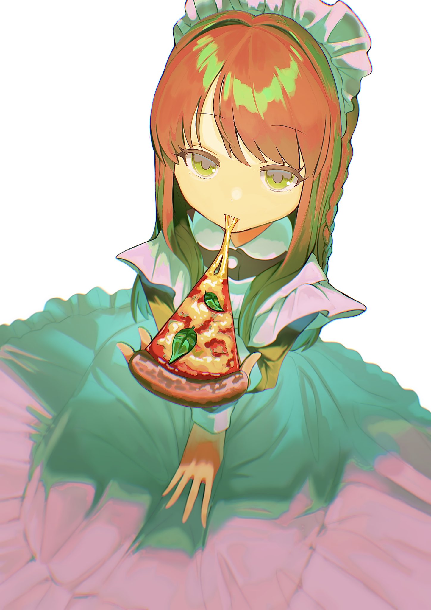 1girl arm_between_legs braid cheese_trail dress expressionless eyelashes food food_focus frilled_dress frilled_hairband frills from_above green_eyes hairband highres holding holding_food holding_pizza kagenoyuhi kneeling long_dress long_hair long_sleeves looking_at_viewer orange_hair original pizza pizza_slice solo white_background