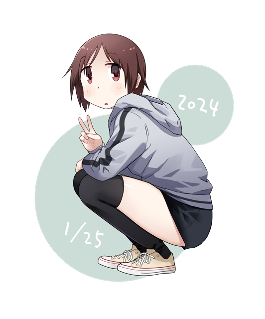 1girl black_skirt black_socks blush brown_eyes brown_footwear brown_hair casual commentary_request dated from_side full_body grey_background grey_hoodie hasegawa_fumi hood hood_down hoodie katatsuka_kouji kneehighs long_sleeves looking_at_viewer looking_to_the_side parted_lips shoes short_hair skirt sneakers socks solo squatting two-tone_background v white_background yuyushiki