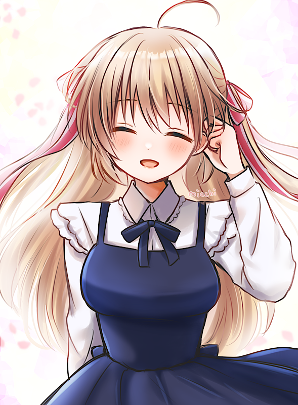 1girl :d ^_^ ahoge arm_at_side blonde_hair blue_dress blush closed_eyes collared_shirt commentary_request cowboy_shot dress facing_viewer frilled_shirt_collar frills hair_between_eyes hair_ribbon hand_up happy kamikita_komari little_busters! long_hair long_ribbon long_sleeves micchi_(koto_maple) official_alternate_costume official_alternate_hair_length official_alternate_hairstyle open_mouth red_ribbon ribbon shirt signature simple_background sleeveless sleeveless_dress smile solo spaghetti_strap straight_hair two_side_up very_long_hair white_background white_shirt