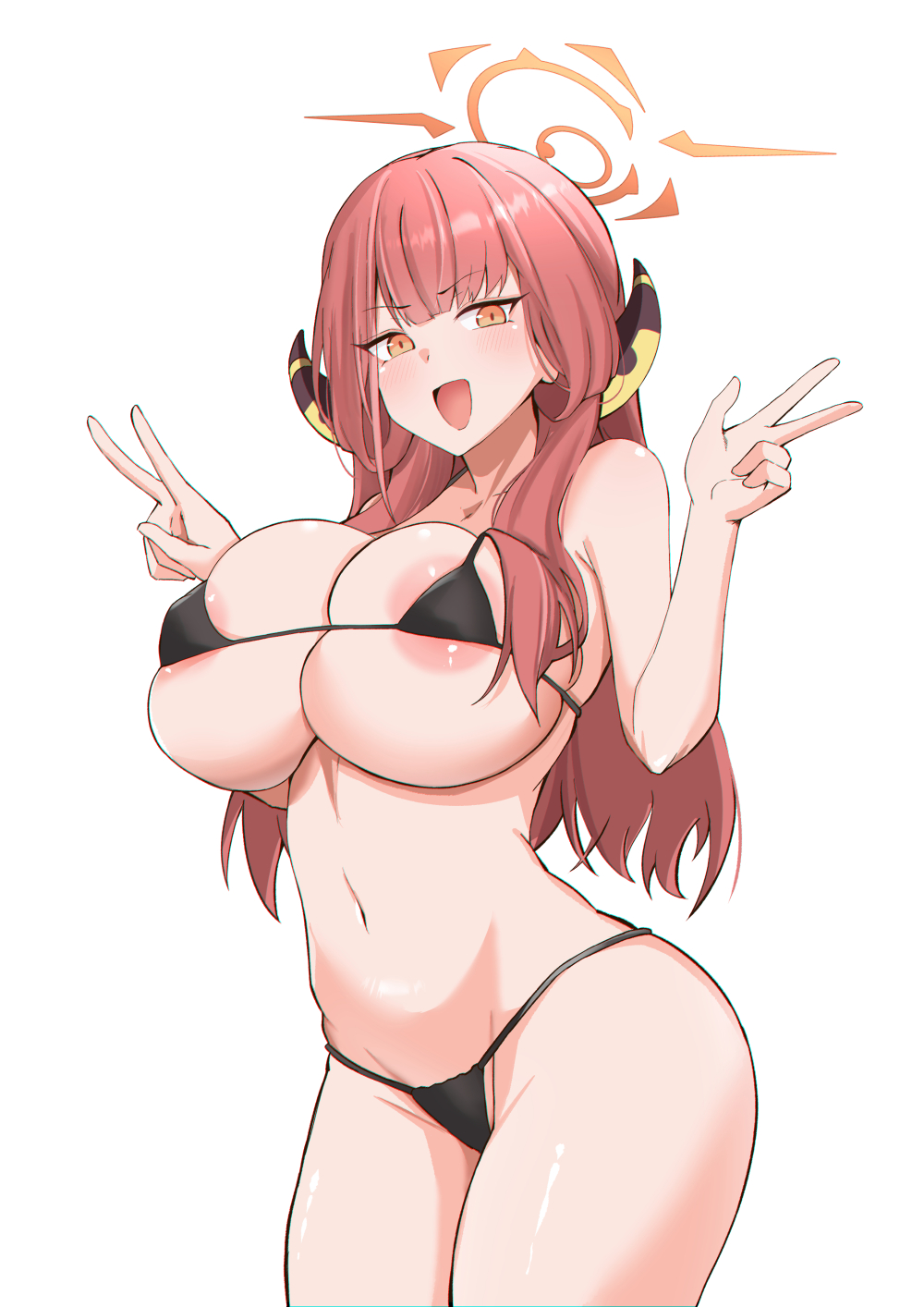 1girl areola_slip aru_(blue_archive) ayumu_(ayumu3659) bikini black_bikini blue_archive blush breasts covered_nipples halo highres horns large_breasts long_hair looking_at_viewer open_mouth pink_hair smile swimsuit yellow_eyes