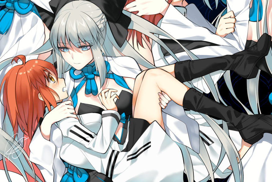 2girls ahoge black_bow black_dress black_footwear black_skirt blue_eyes blue_ribbon bow braid breasts carrying cloak closed_mouth clutching_clothes commentary dress fate/grand_order fate_(series) french_braid fujimaru_ritsuka_(female) fujimaru_ritsuka_(female)_(decisive_battle_chaldea_uniform) hair_bow hand_on_another's_head hand_on_another's_shoulder holding implied_kiss jacket long_hair long_sleeves looking_at_another looking_down looking_up medium_breasts medium_hair messy_hair morgan_le_fay_(fate) multiple_girls open_mouth princess_carry red_hair ribbon rkp sidelocks signature skirt very_long_hair white_cloak white_hair white_jacket yellow_eyes yuri
