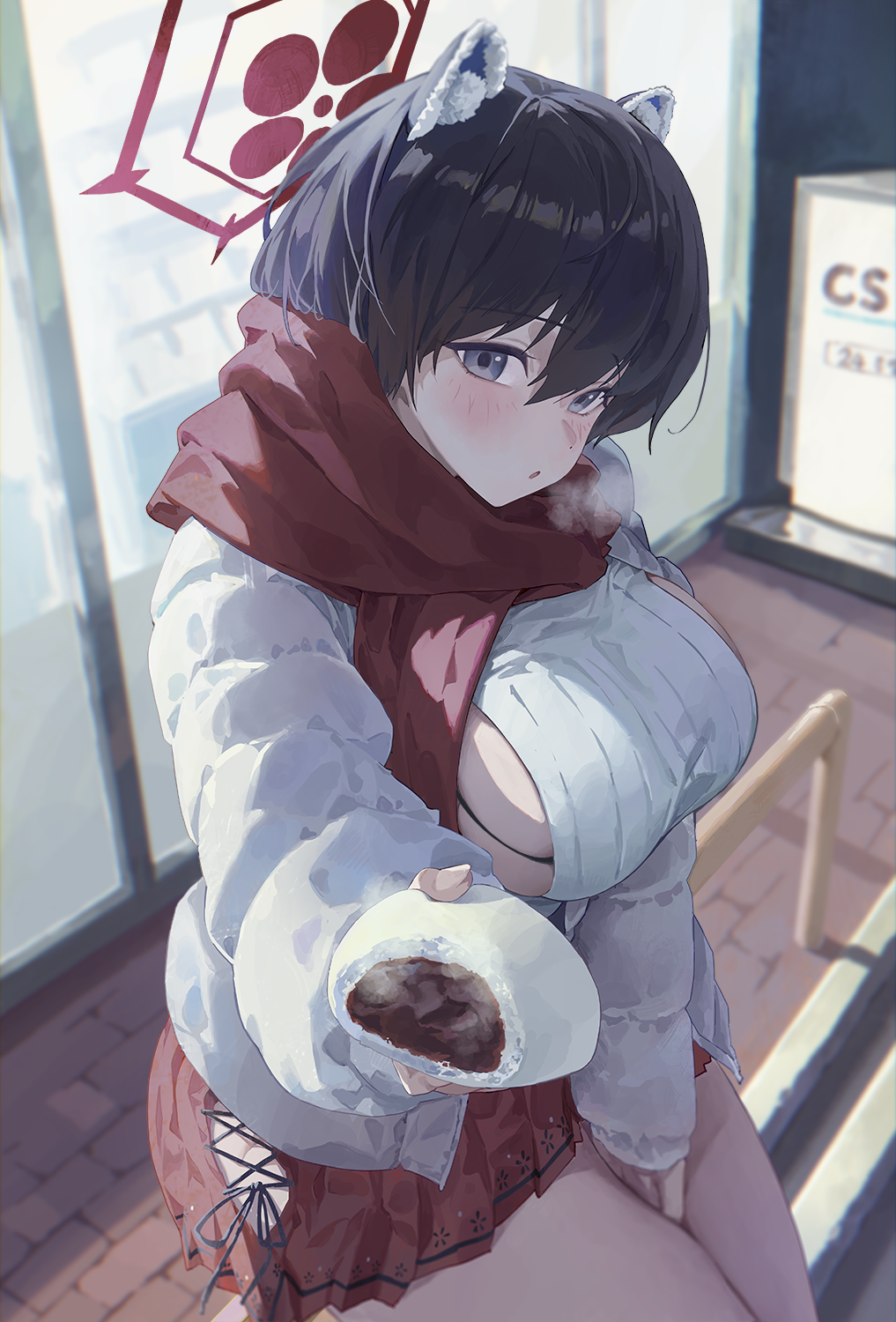 1girl animal_ears between_legs black_eyes black_hair blue_archive blush breasts breath casual food giving halo hand_between_legs highres holding holding_food incoming_food jacket large_breasts looking_at_viewer m.q_(mqkyrie) padded_jacket parted_lips raccoon_ears red_scarf red_skirt scarf short_hair sideboob skirt solo string_bra tsubaki_(blue_archive) winter winter_clothes