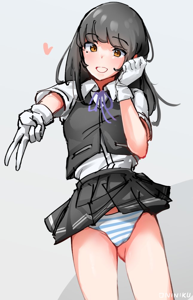 1girl ass_visible_through_thighs black_hair brown_eyes collared_shirt dress_shirt eyebrows_hidden_by_hair gloves grey_skirt grey_vest grin hayashio_(kancolle) hayashio_kai_ni_(kancolle) heart kantai_collection long_hair mani_oniniku mole mole_under_eye one-hour_drawing_challenge panties parted_lips pleated_skirt shirt simple_background skirt smile solo striped_clothes striped_panties underwear v vest white_gloves white_shirt