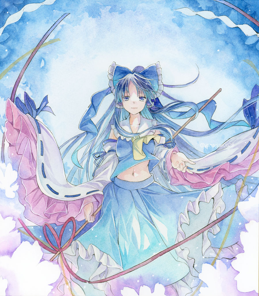 1girl alternate_color ascot blue_bow blue_eyes blue_hair blue_skirt bow closed_mouth commentary_request detached_sleeves frilled_bow frilled_hair_tubes frills hair_bow hair_tubes hakurei_reimu holding light_smile long_hair looking_at_viewer midriff_peek navel painting_(medium) ribbon-trimmed_sleeves ribbon_trim skirt skirt_set solo touhou traditional_media twitter_username very_long_hair watercolor_(medium) wide_sleeves yanagise yellow_ascot