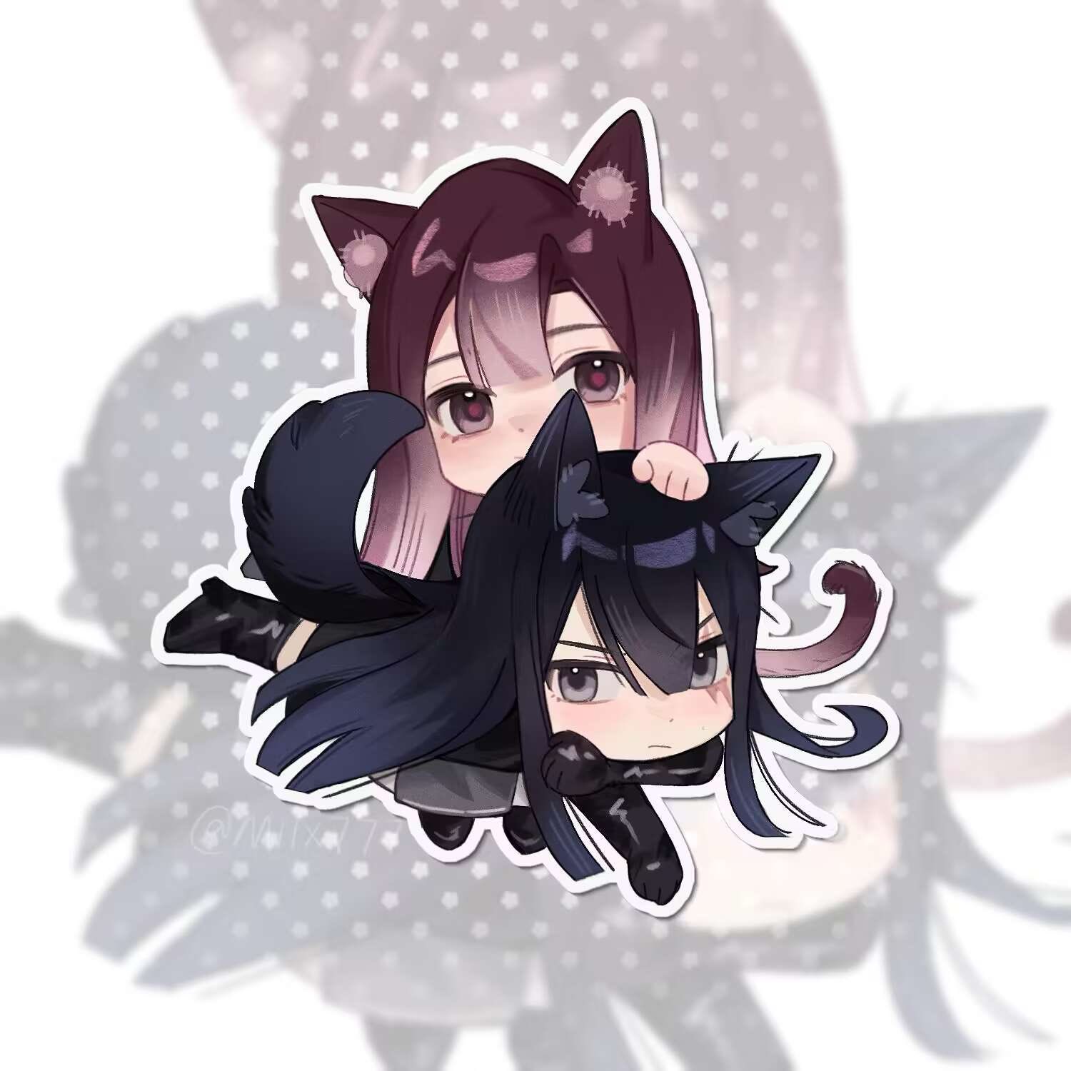 2girls animal_ear_fluff animal_ears black_footwear black_gloves black_hair boots cat_ears cat_girl cat_tail chibi chinese_commentary commentary_request elbow_gloves full_body gloves gradient_hair grey_eyes highres holding_own_arm kemonomimi_mode long_hair looking_at_viewer lying_on_lap miix777 multicolored_hair multiple_girls path_to_nowhere purple_eyes purple_hair rahu_(path_to_nowhere) shalom_(path_to_nowhere) simple_background tail white_background white_hair zoom_layer